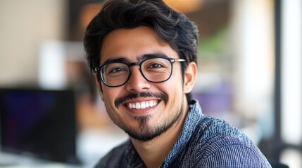 Obraz premium Confident Young Man with Glasses Smiling in Office Setting - This image features a young man with dark hair and glasses smiling confidently, symbolizing positivity, success, professionalism, and a wel