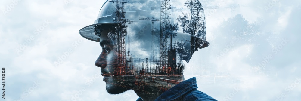 Poster construction worker with industrial overlay - a striking image for your next project - a constructio