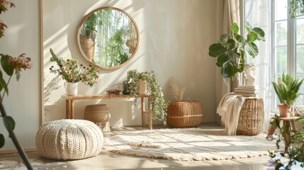 Bright, bohemian apartment decor with mirror, dressing table, furniture, flowers, plants, rattan box, books, sculpture, macrame, and design accessories. Stylish open-space template.