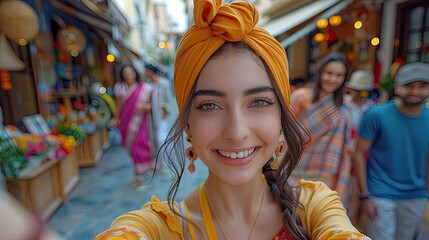 Obraz premium Smiling woman in yellow headscarf, colorful street market background, vibrant outdoor shopping atmosphere