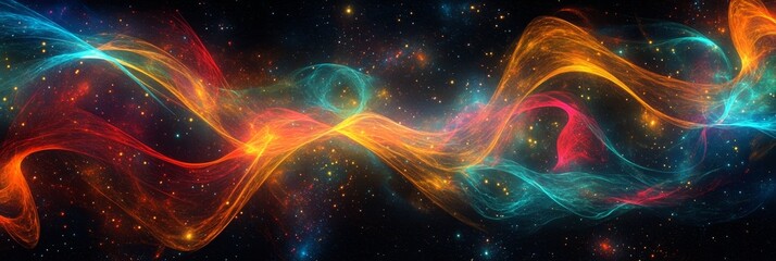 Fototapeta premium Cosmic Dance of Light and Energy - A vibrant abstract image depicting the cosmic dance of energy, with swirling streams of light in blue, red, and orange hues, representing the interconnectedness of t