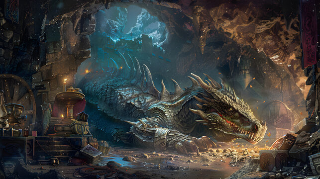 Enchanted Cave with Sleeping Dragon Guarding Ancient Treasures, Magical Crystals, and Mysterious Artifacts in a Fantasy World
