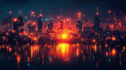 Fototapeta premium Neon Cyberpunk Metropolis: A futuristic city blazes with vibrant lights reflecting on dark water, capturing the energy of a cyberpunk future. 