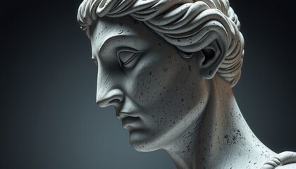 profile view of an old statues face elegantly detailed with a fusion of styles positioned against a stark backdrop light highlighting its expressive eyes and deep grooves