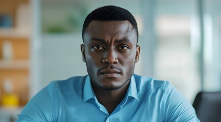 Obraz premium african male in a blue shirt looking at the camera, office background,headshot
