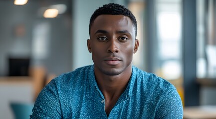 african male in a blue shirt looking at the camera, office background,headshot