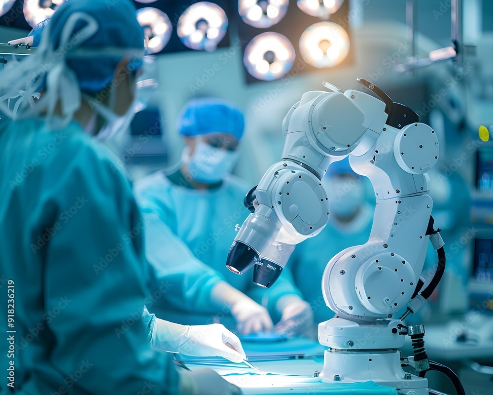 Poster sophisticated robots performing complex surgeries with high precision in an advanced operating room
