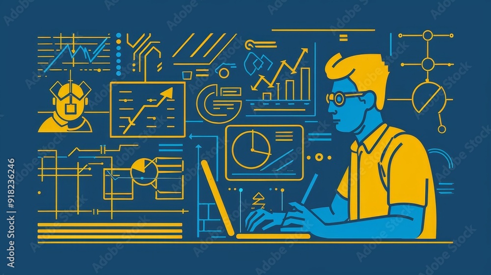 Poster data analysis and business growth - line art illustration - a businessman analyzing data on a laptop