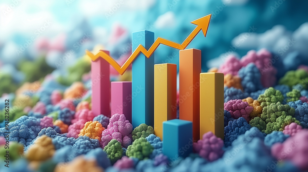 Poster growth spurt: a vibrant 3d illustration depicting a colorful bar graph with an upward trending arrow