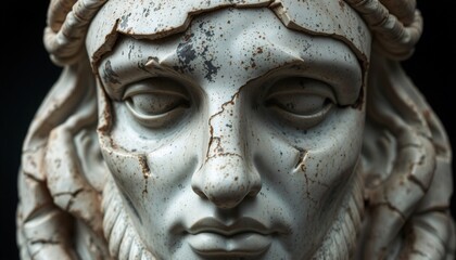 aged marble face of an old statue features a mix of cut and ripped elements baroque fusion with deep shadows enhancing texture positioned centrally against a dark backgroun