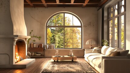 Sofa against fireplace in room with arch window and ceiling Mediterranean interior design of modern living room
