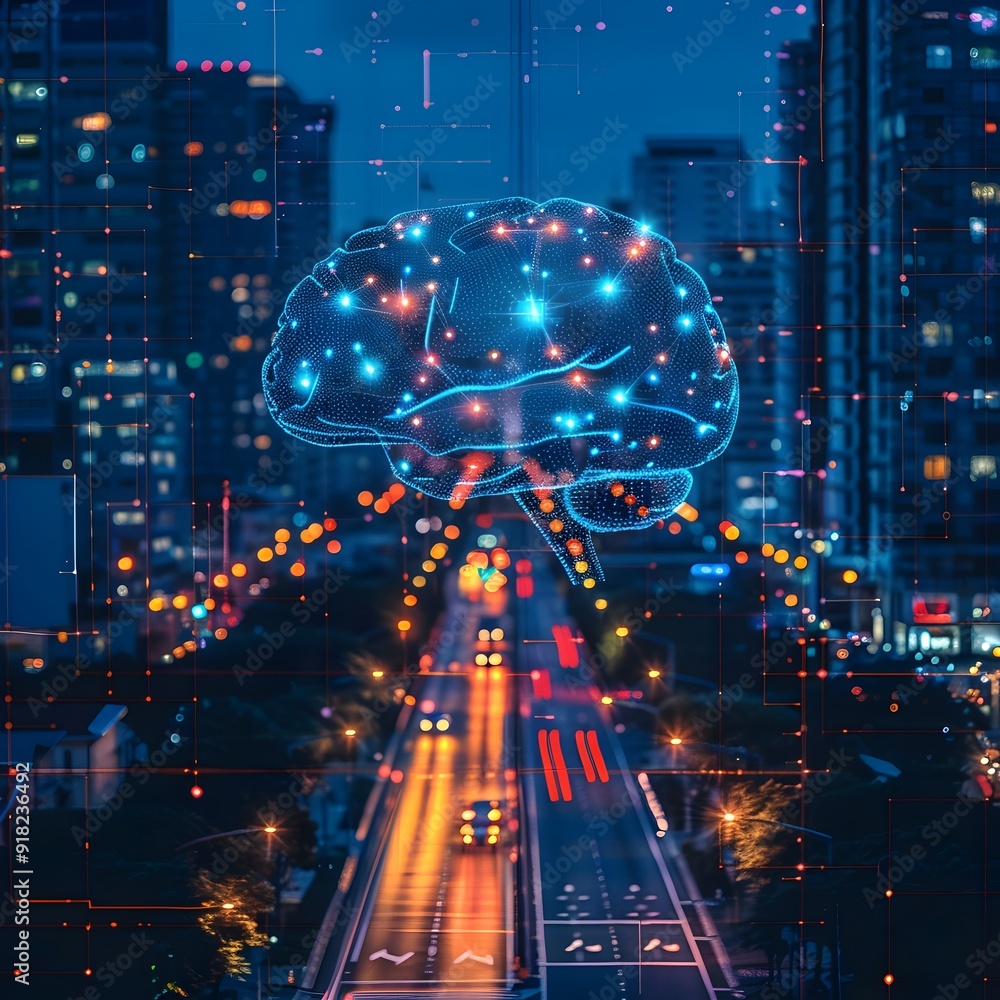 Poster futuristic digital twin of a smart city optimized by algorithms at night