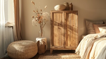 Bedroom interior with cozy bed, wooden cabinet, and dried flowers in a vase on a wicker pouf