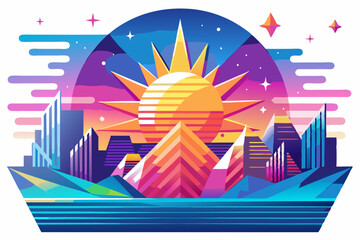 Fototapeta premium Geometric Cityscape with a Rising Sun and Stars