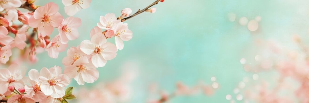 Delicate Pink Cherry Blossoms on a Soft Blue Background - A delicate branch of pink cherry blossoms, with soft pastel pink petals and a blurred blue background, symbolizing spring, new beginnings, bea