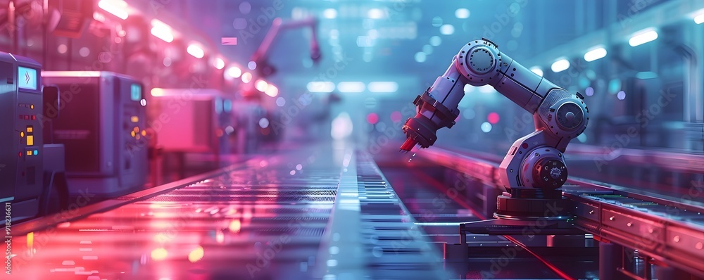 Poster fully automated ai driven smart factory with robotic production lines in futuristic cityscape