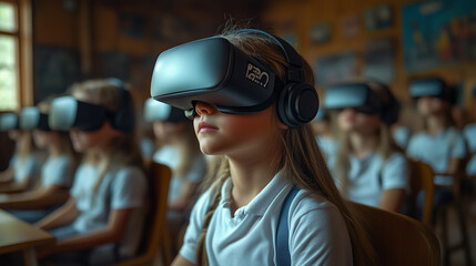 Virtual Reality Classroom: A young girl wearing a VR headset participates in an immersive classroom experience, highlighting the potential of technology in education.  