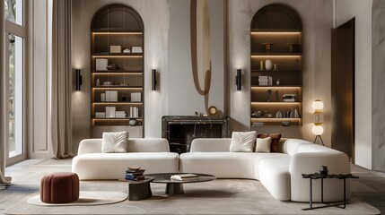 Two white sofas against fireplace and wall mounted shelves. Art deco style interior design of modern living room.