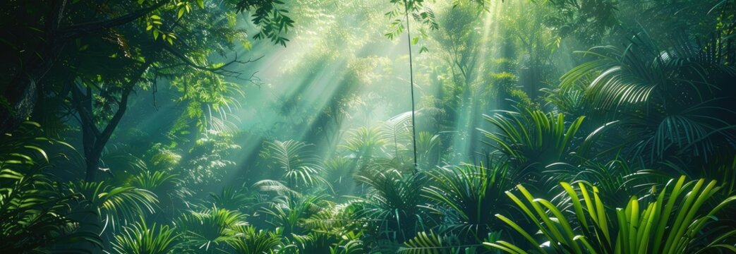 Fototapeta A lush green jungle with sunlight shining through the trees