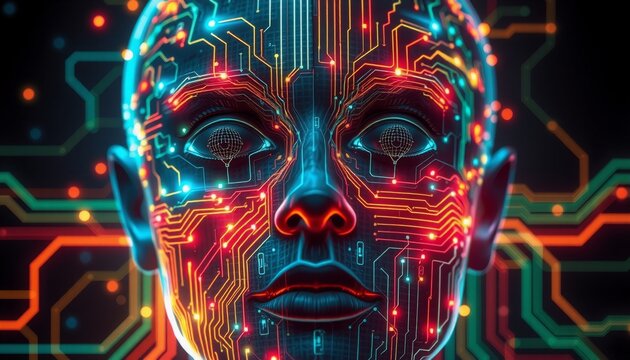 fragmented human face with digital circuitry patterns glowing lines connecting different sections vibrant neon colors contrasting with a dark background representing the fus
