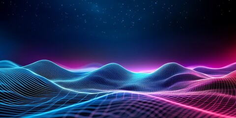 Fototapeta premium Digital Wireframe Landscape with Neon Blue and Purple Lighting, Endless Sea of Mountains