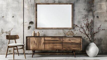 Wooden cabinet, dresser against concrete wall with empty blank mock up poster frame with copy space.