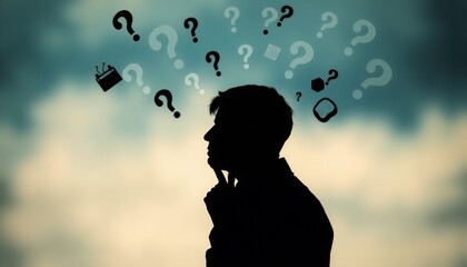 silhouette of a person deep in thought surrounded by floating question marks and symbols set against a blurred background symbolizing the quest for knowledge and understandin