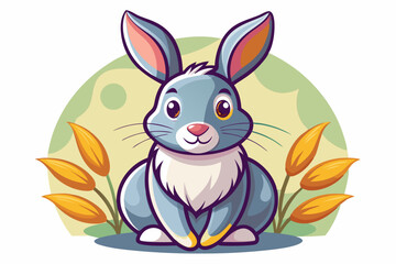 A Cartoon Gray Rabbit Sitting with a Smiling Expression in a Field