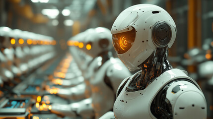 Fototapeta premium AI Workforce: Rows of advanced humanoid robots diligently working in a futuristic, high-tech factory setting, showcasing the rise of automation and artificial intelligence. 