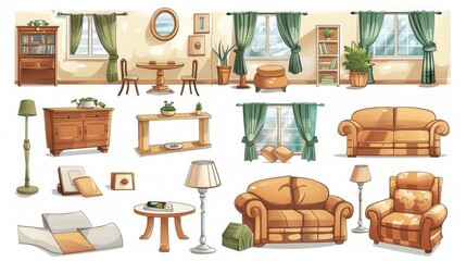 Cozy and Colorful Interior Design Cartoon Set. Modern Architecture and Interior Design Concept