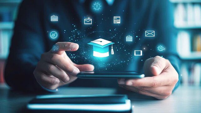 Businessman touching a virtual screen with icon of a graduation hat, briefcase and book for online education learning in the digital concept. Development learning knowledge technology. Tech background