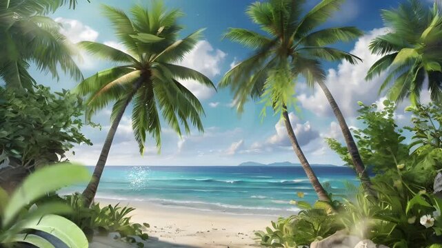 Beach view with white sand and coconut trees. Relaxing and calm atmosphere. Seamless 4K looping timelapse video animation generated AI