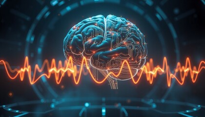 Fototapeta premium digital rendering of a head with intricate glowing brain waves and circuits floating in a dark futuristic environment illustrating the complex nature of human cognition