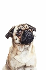 Fototapeta premium Fawn pug dog looking up with curious and expressive eyes in a detailed portrait illustration isolated on a white background.