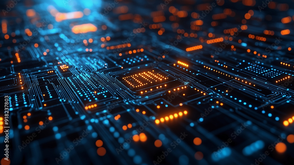 Poster digital circuitry: a close-up, abstract image of a microchip motherboard, showcasing intricate circu