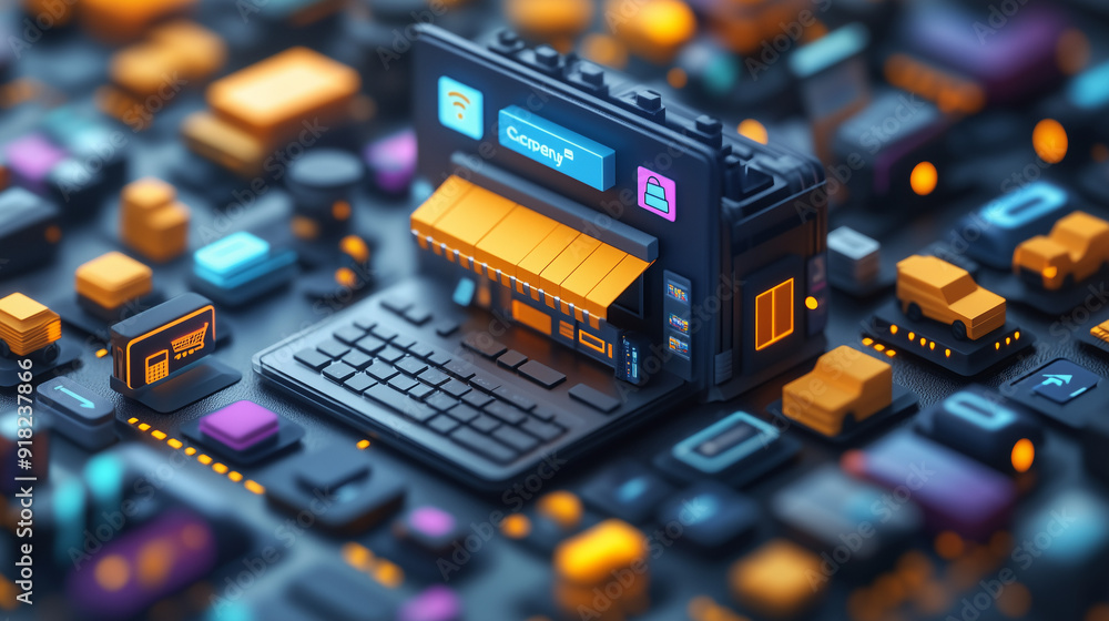 Poster online store on a chip: a futuristic, abstract representation of an e-commerce platform. the image s