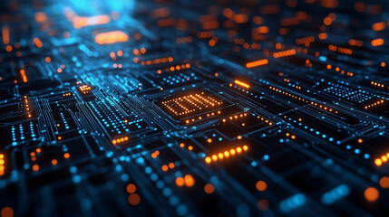 Digital Circuitry: A close-up, abstract image of a microchip motherboard, showcasing intricate circuitry glowing in vibrant blue and orange hues. The photograph evokes a sense of technological advance