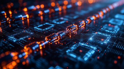 Digital Cityscape: A futuristic motherboard hums with neon life, circuits glowing in an abstract close-up of technology and innovation. 