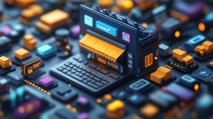 Online Store on a Chip: A futuristic, abstract representation of an e-commerce platform. The image showcases a digital storefront on a microchip, highlighting the interconnectedness of online business