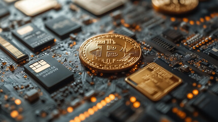 Bitcoin on the Circuit Board: A close-up shot of a gleaming golden Bitcoin coin resting on a complex circuit board, illuminated by warm, glowing lights, symbolizing the digital currency's integration 