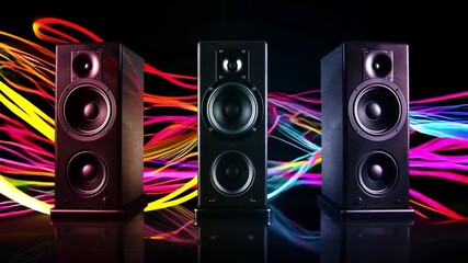 Three audio speakers stand against a dark background, surrounded by vibrant, swirling sound waves of various colors