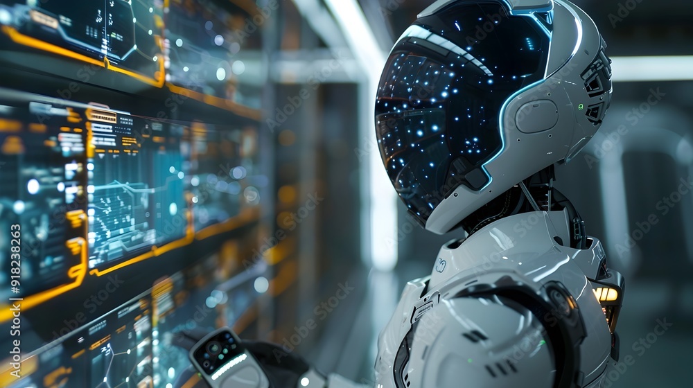 Poster futuristic robot interacting with holographic data screens in advanced high tech lab