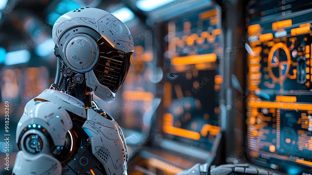 Poster futuristic robot interacting with holographic data screens in high tech lab