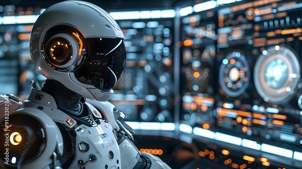 Poster futuristic robot interacting with holographic data screens in high tech lab