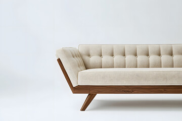 Fototapeta premium Chic modern sofa with button tufts and angular wooden legs isolated on white background
