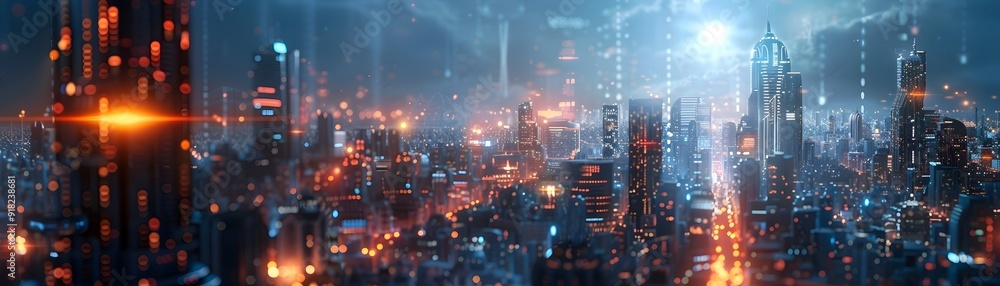 Poster futuristic skyline of ai powered smart metropolis with advanced infrastructure and automated systems
