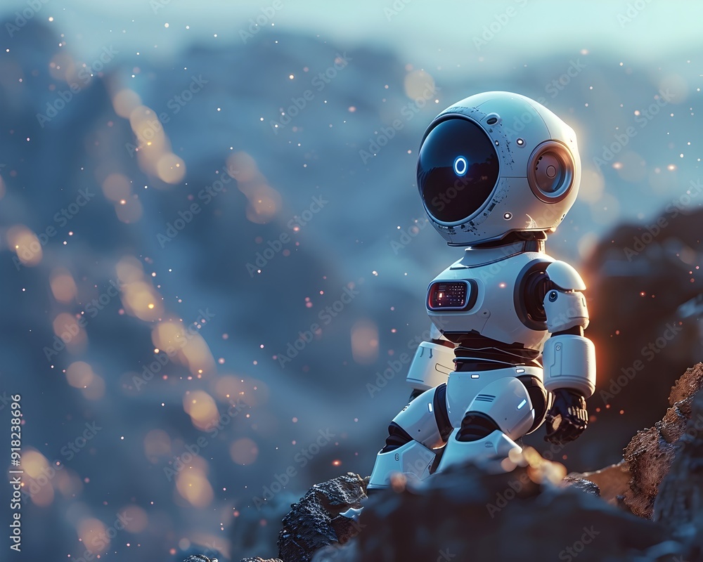 Poster ai powered robot exploring and analyzing samples on a distant alien planet landscape