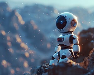 AI powered Robot Exploring and Analyzing Samples on a Distant Alien Planet Landscape