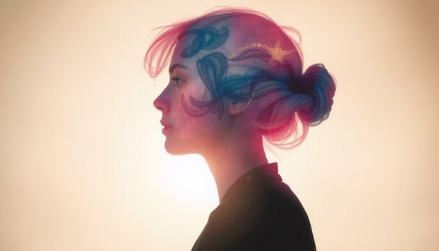 ethereal silhouette of a person with their head filled with watercolor swirls blending hues of pink blue and gold soft light filtering through creating an inviting and drea