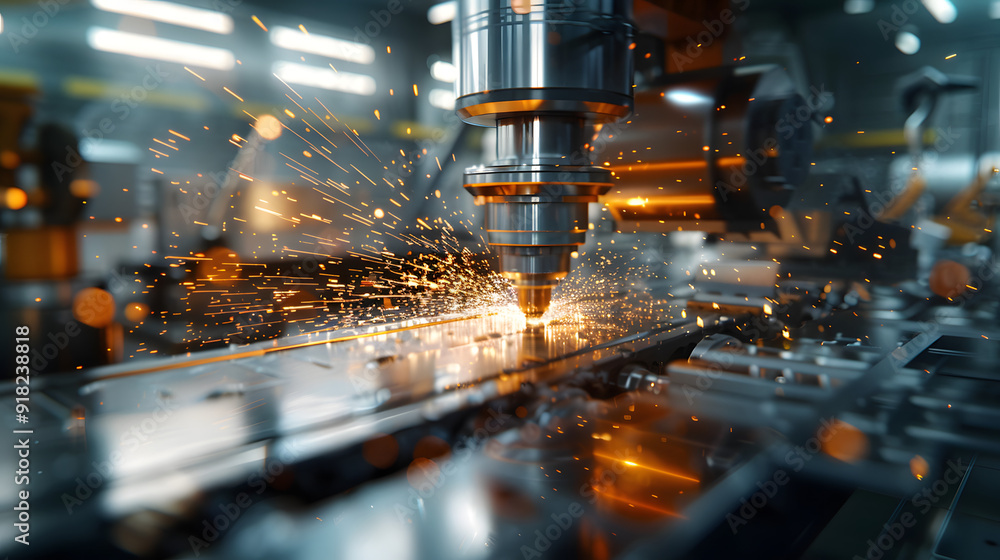 Poster an advanced cnc machine in action, producing sparks as it precisely cuts metal, showcasing modern ma